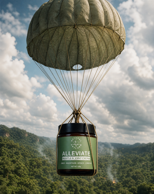 A dark green supplement jar labeled 'ALLEVIATE' and 'MORPHINE OINTMENT' hangs from a parachute in a mountainous forest landscape under a cloudy sky.