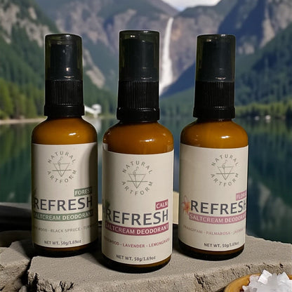 3 bottles of deodorant, left to right: Forest scent, Calm Scent, and Floral Scent. 