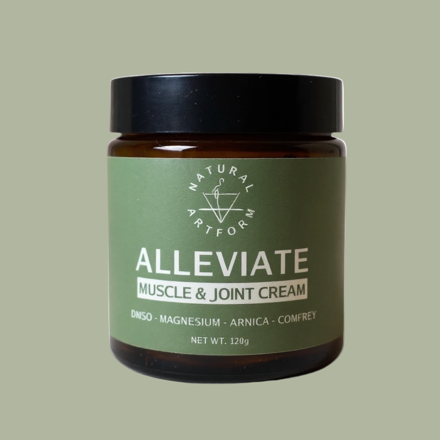 Green jar of 'Alleviate Muscle & Joint Cream' with a black lid on a white background