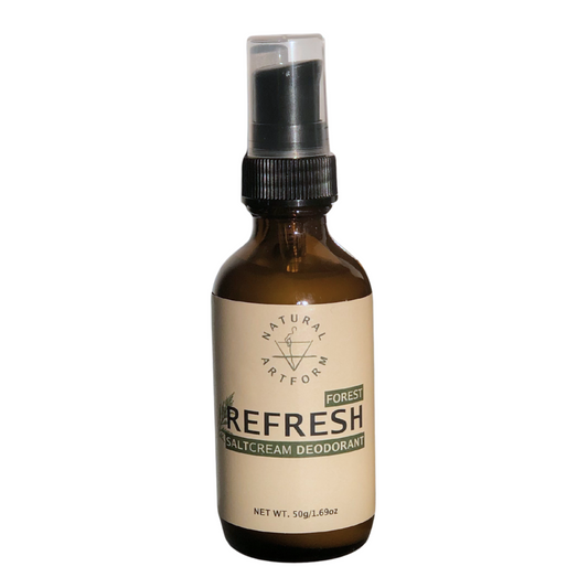 image of single 50ml bottle of REFRESH salt cream deodorant by Natural Artform. Forest "staghorn green" color accents with cream/beige label and natural artform emblem featuring the Alchemical Earth symbol with the outline of an athlete in the center. 