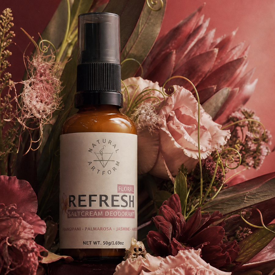 refresh salt cream deodorant floral scent with calendula, magnesium, and floral essential oils of frangipani, palmarosa, jasmine, amber, and vanilla