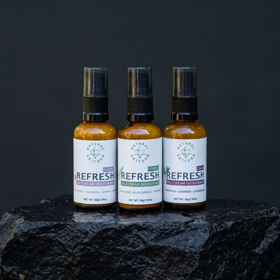 3 bottles of refresh Saltcream Deodorant. Floral, forest, and calm scent. 