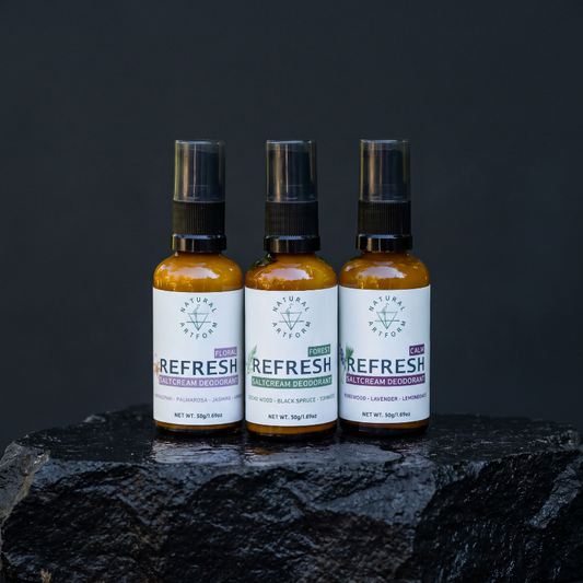 3 bottles of refresh Saltcream Deodorant. Floral, forest, and calm scent. 