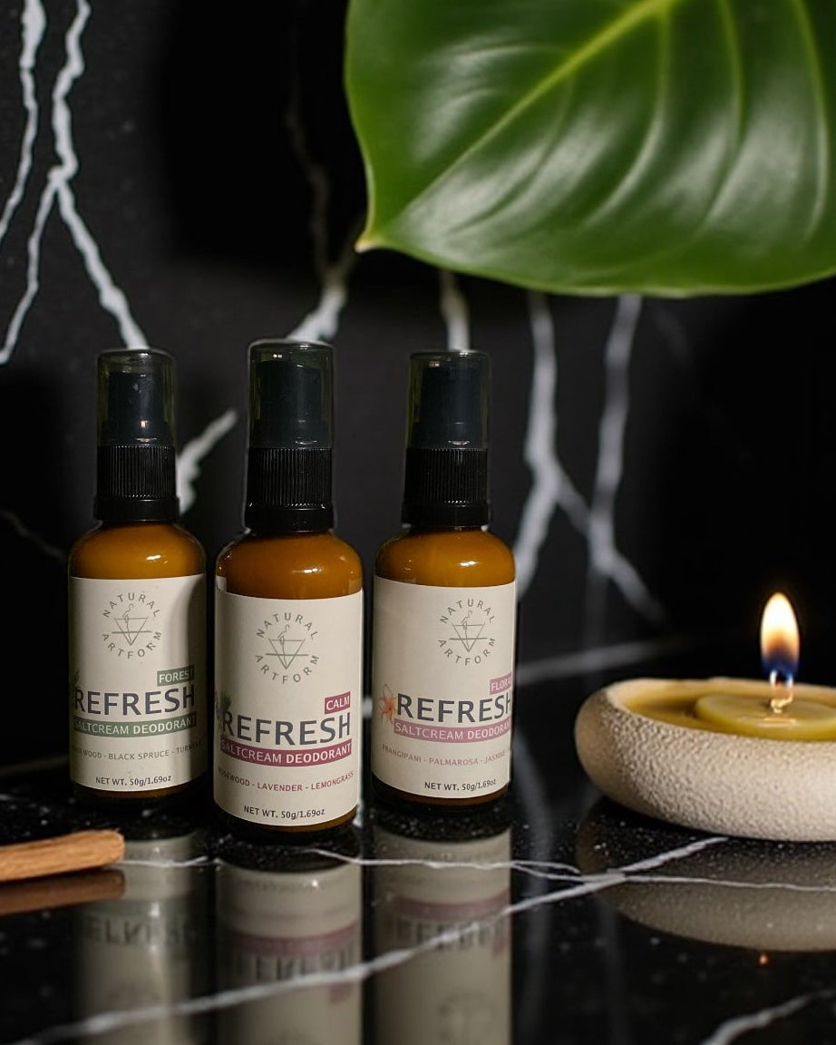 3 bottles of REFRESH deodorant, a magnesium and anti-oxidant rich whole body deodorant available in a 50ml pumpable lotion bottle. 