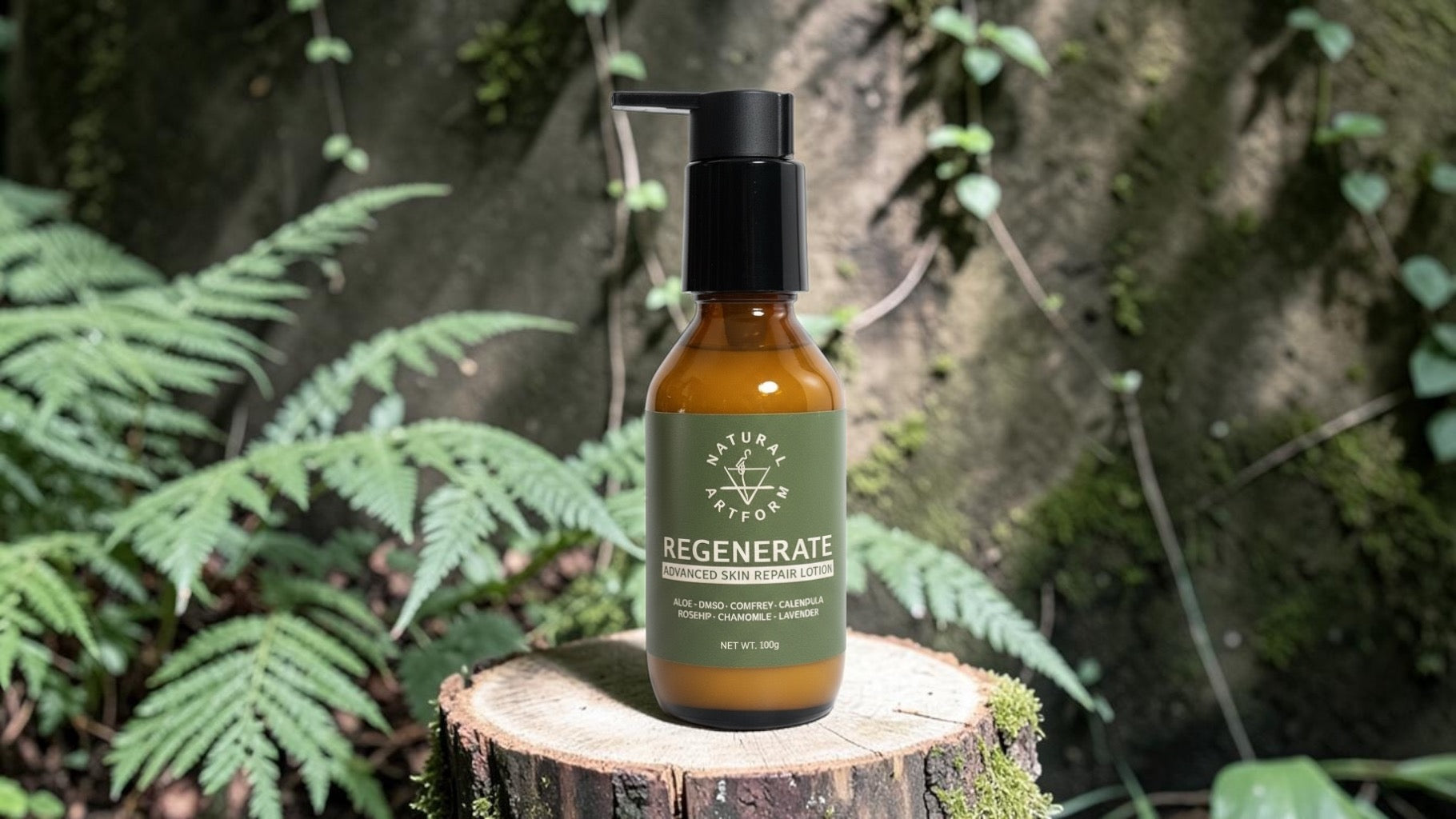 REGENERATE Advanced Skin Repair Lotion bottle — botanical lipids, organic aloe vera and DMSO plant-based skin repair by Natural ArtForm